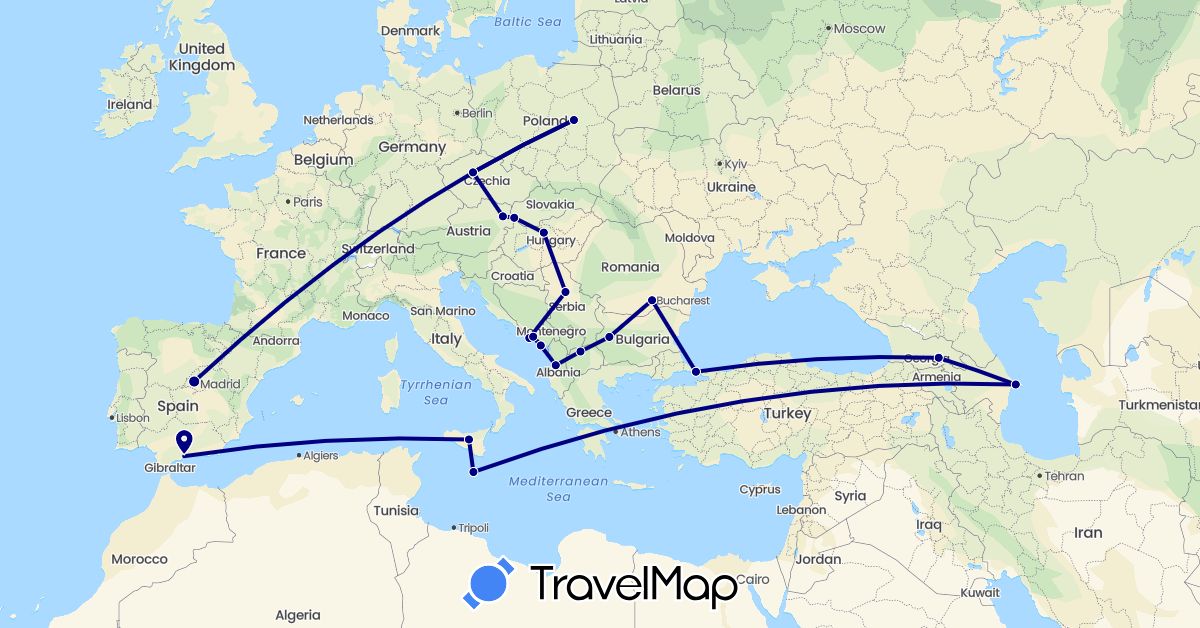 TravelMap itinerary: driving in Albania, Austria, Azerbaijan, Bosnia and Herzegovina, Bulgaria, Czech Republic, Spain, Georgia, Croatia, Hungary, Italy, Montenegro, Macedonia, Malta, Poland, Romania, Serbia, Slovakia, Turkey (Asia, Europe)